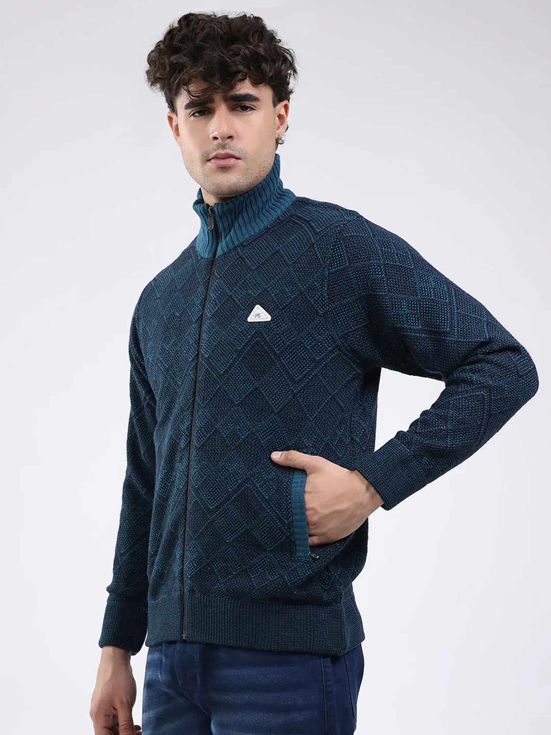 Men Blue Self Design Mock Neck Full Sleeve Jacket - Image 3