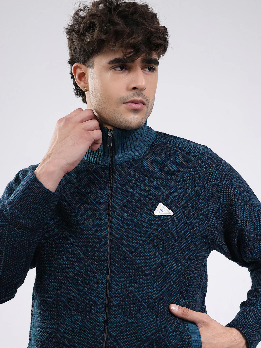 Men Blue Self Design Mock Neck Full Sleeve Jacket - Image 6