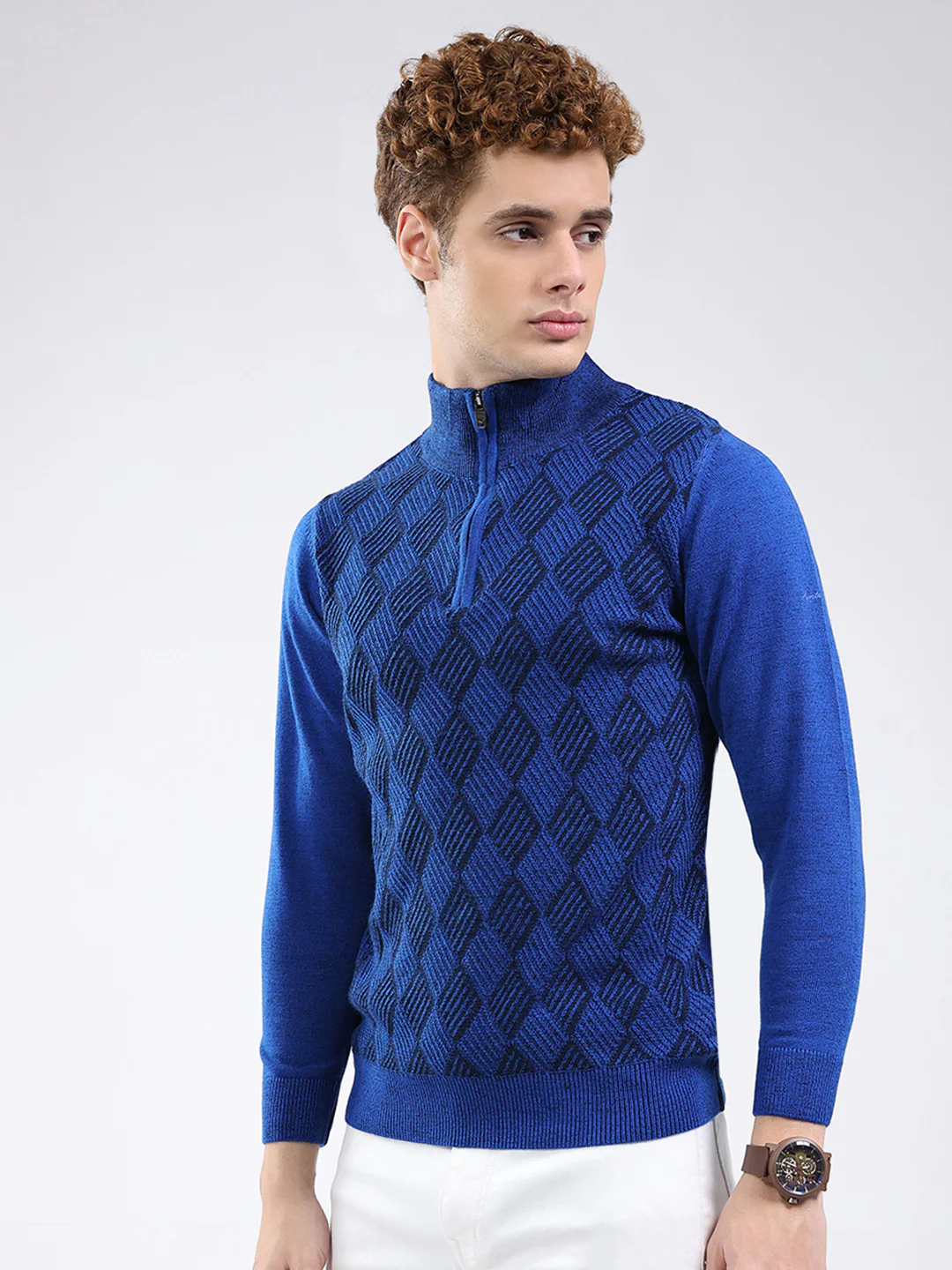 Men Blue Self Design Mock Neck Full Sleeve Pullover - Image 3