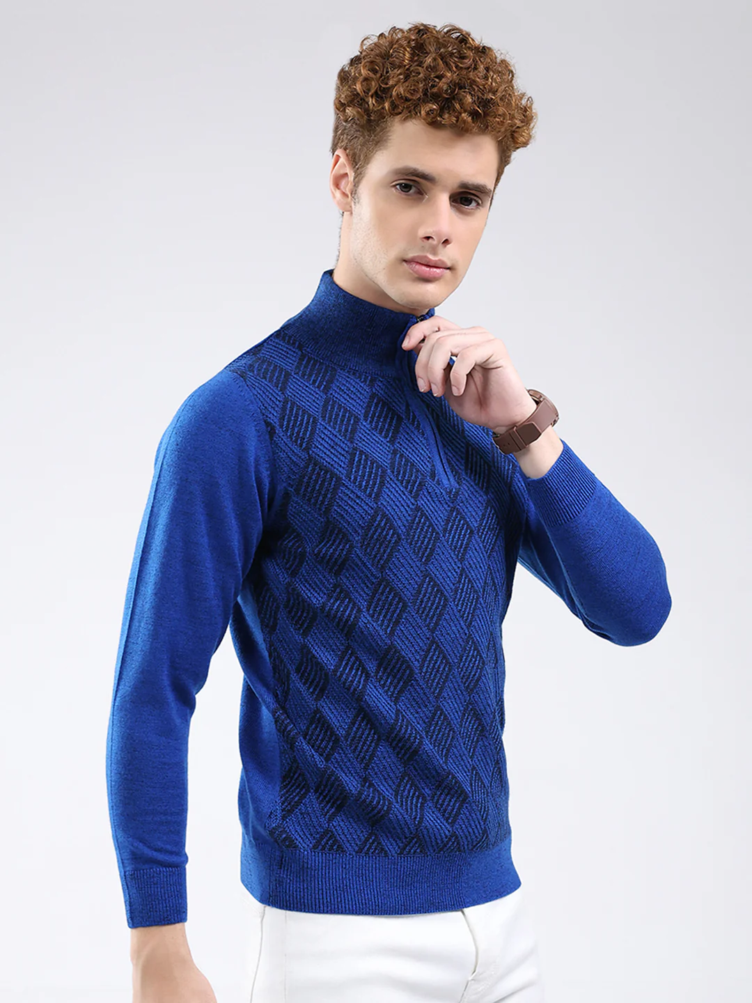 Men Blue Self Design Mock Neck Full Sleeve Pullover - Image 4