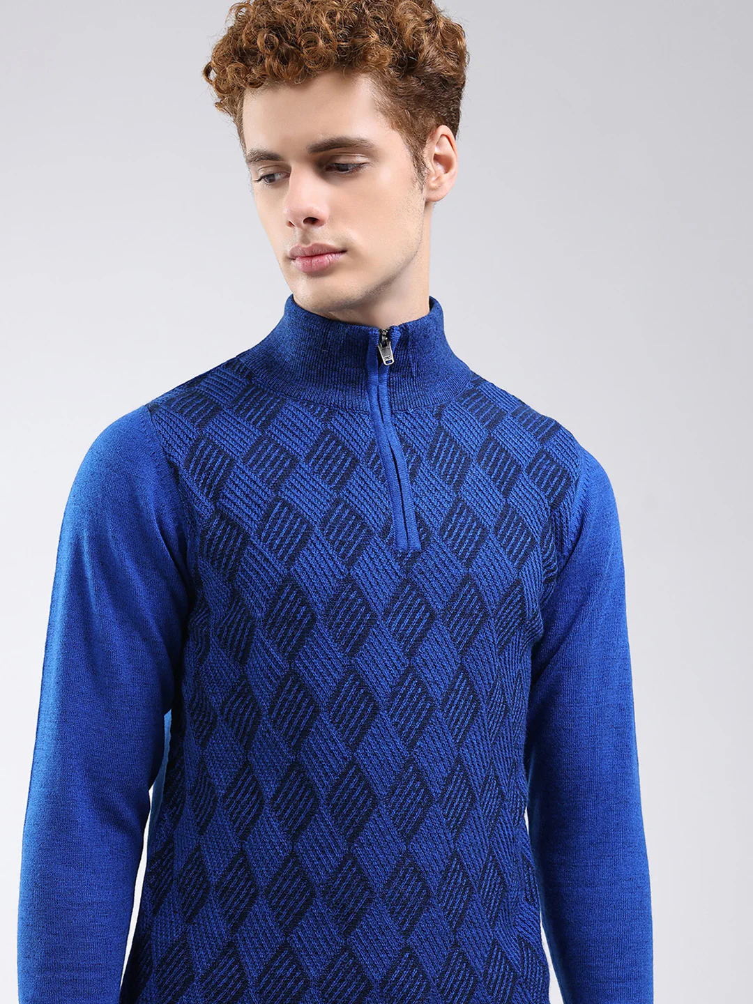 Men Blue Self Design Mock Neck Full Sleeve Pullover - Image 7
