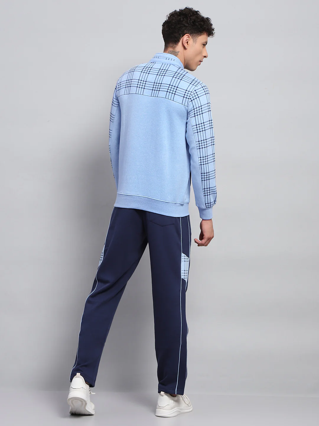 Men Blue Self Design Mock Neck Full Sleeve Winter Tracksuit - Image 5