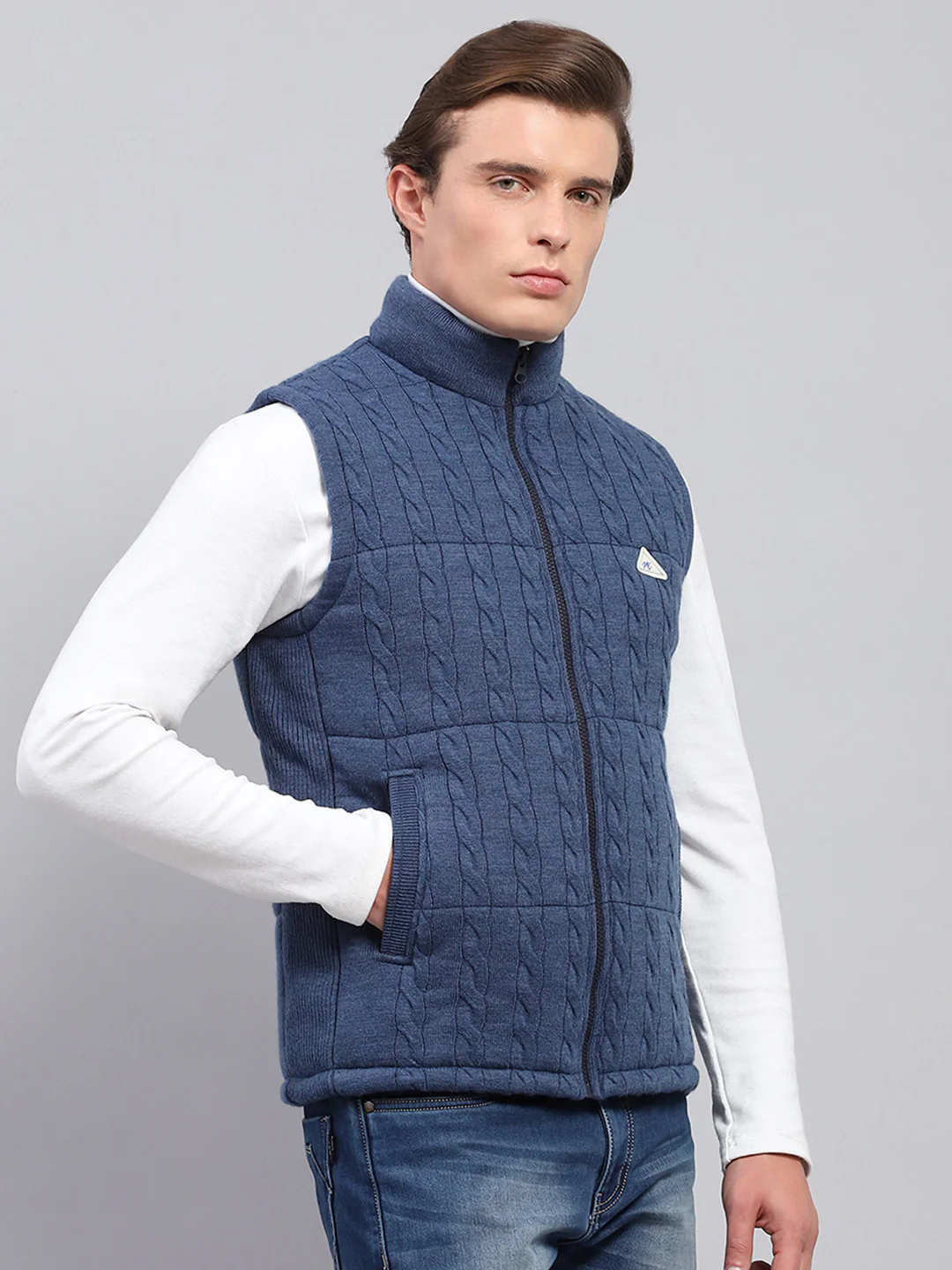 Men Blue Self Design Mock Neck Sleeveless Jacket - Image 4