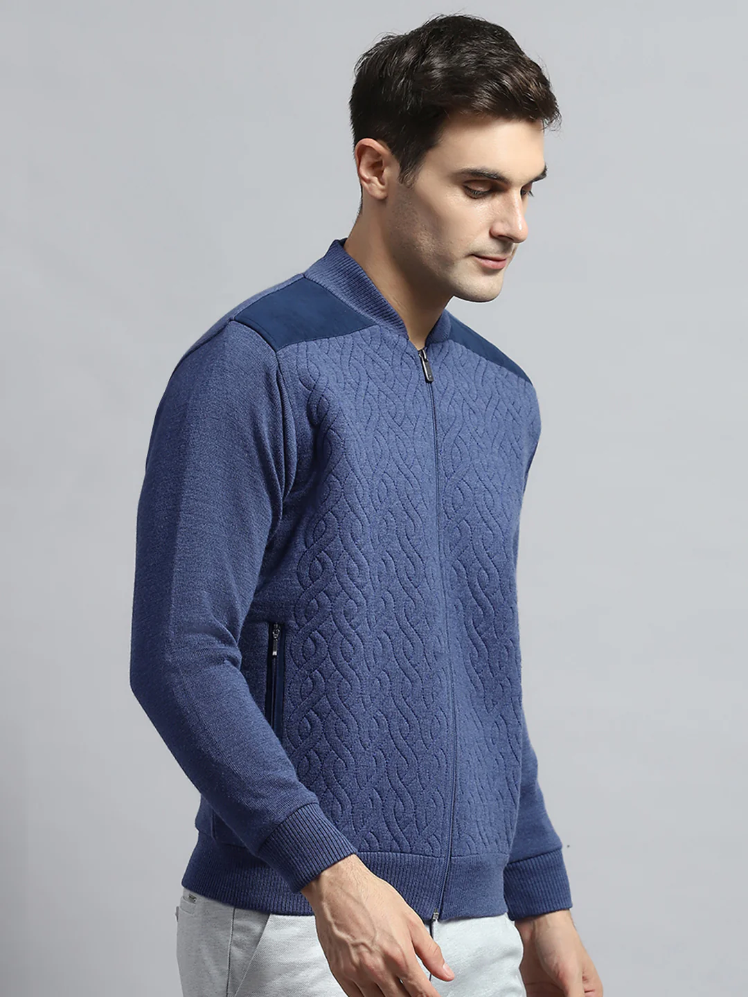 Men Blue Self Design Round Neck Full Sleeve Jacket - Image 4