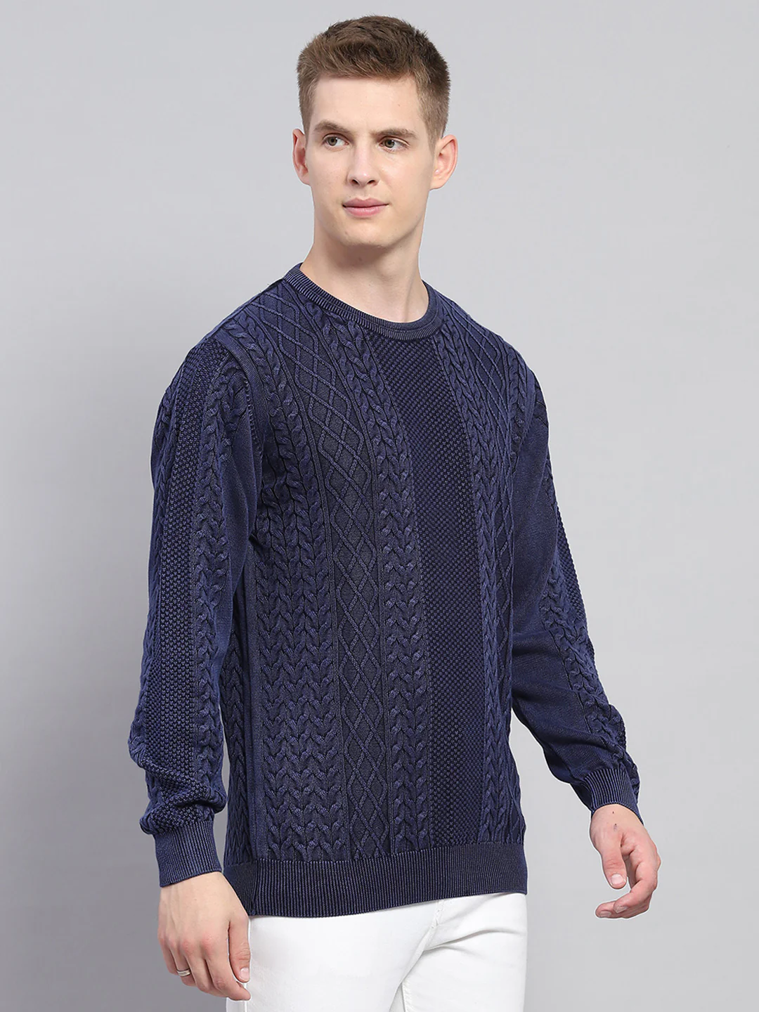 Men Blue Self Design Round Neck Full Sleeve Pullover - Image 4