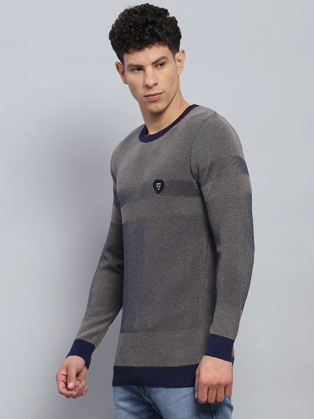 Men Blue Self Design Round Neck Full Sleeve Pullover - Image 3