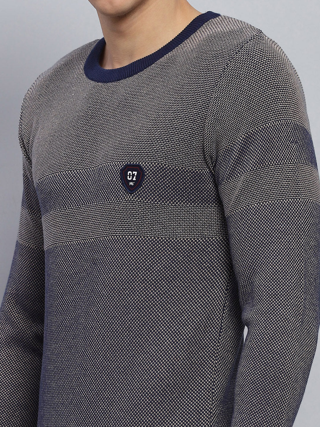 Men Blue Self Design Round Neck Full Sleeve Pullover - Image 6