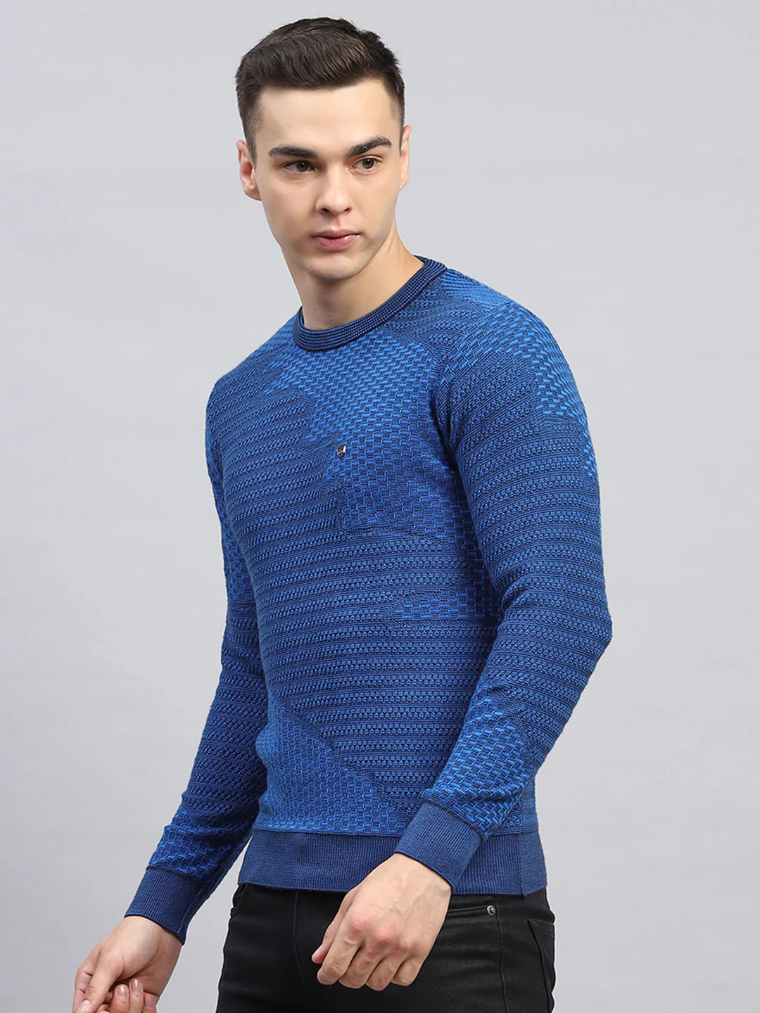 Men Blue Self Design Round Neck Full Sleeve Pullover - Image 3