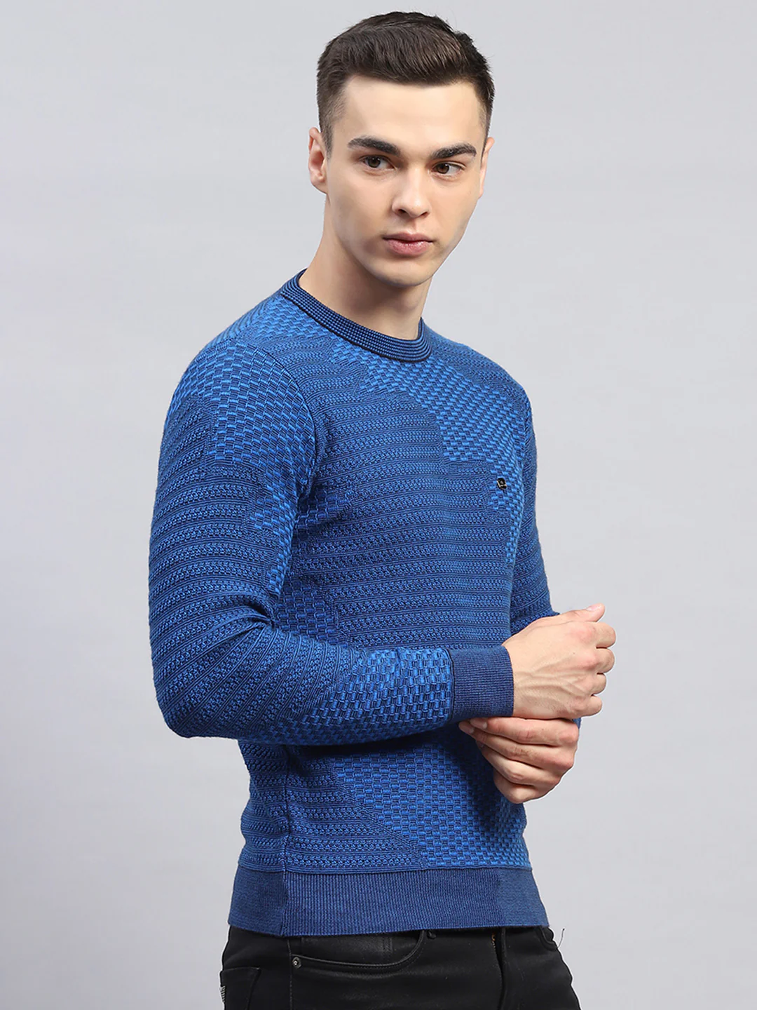 Men Blue Self Design Round Neck Full Sleeve Pullover - Image 4