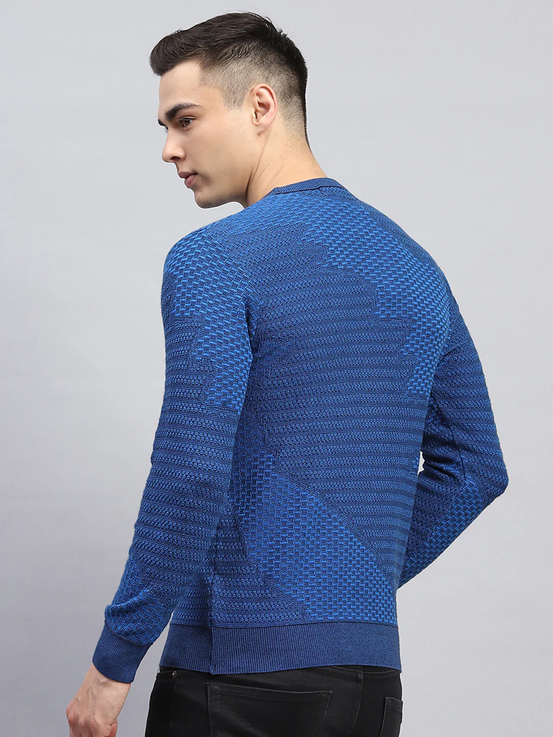 Men Blue Self Design Round Neck Full Sleeve Pullover - Image 5