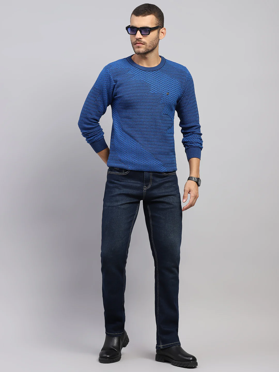 Men Blue Self Design Round Neck Full Sleeve Pullover - Image 2