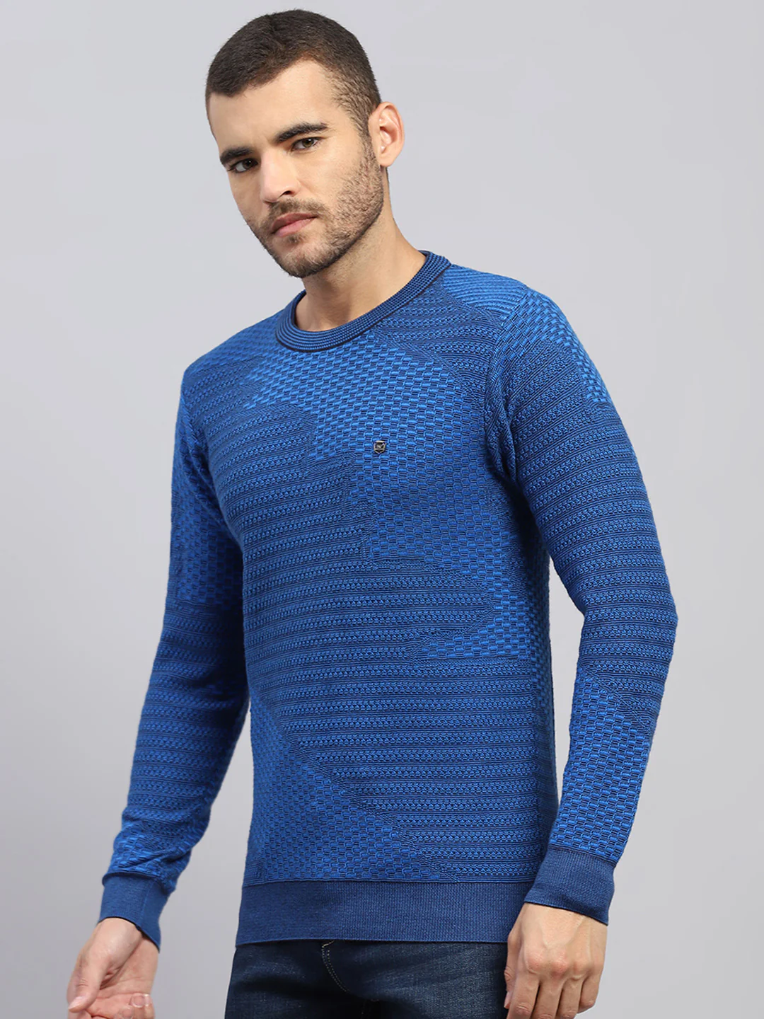Men Blue Self Design Round Neck Full Sleeve Pullover - Image 3
