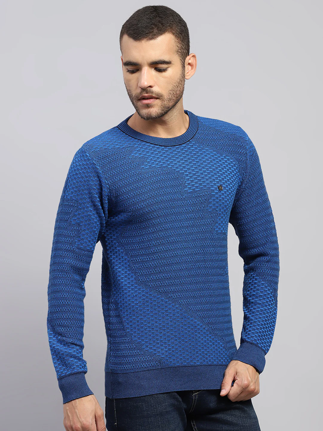 Men Blue Self Design Round Neck Full Sleeve Pullover - Image 4
