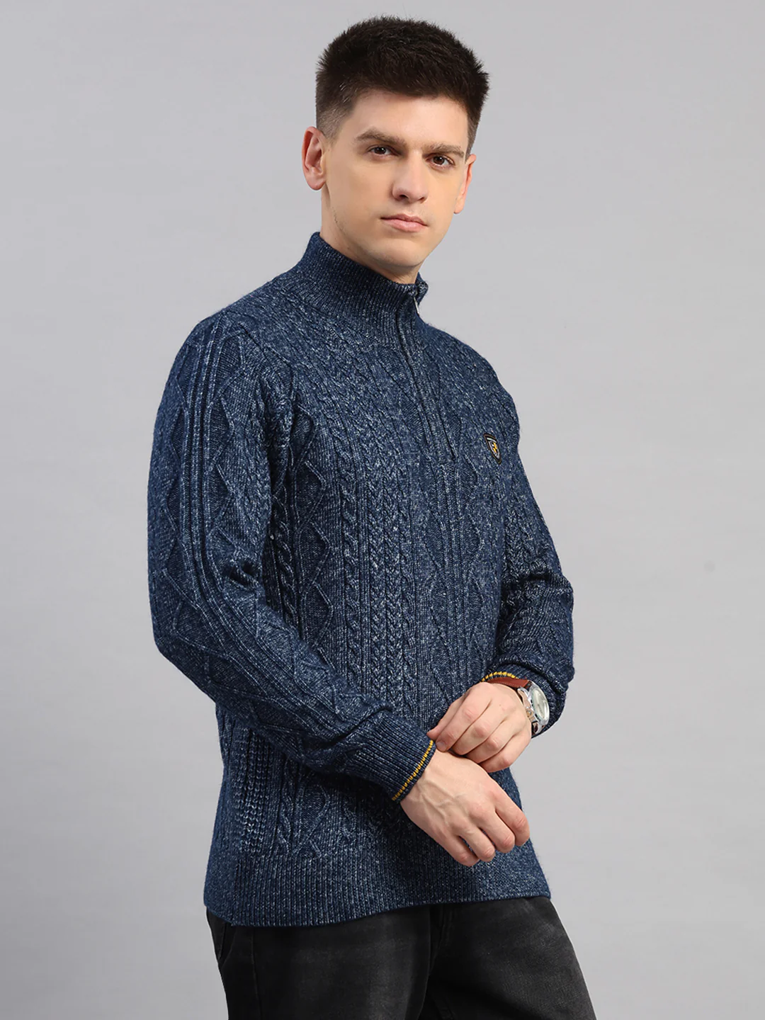 Men Blue Self Design Round Neck Full Sleeve Pullover - Image 4