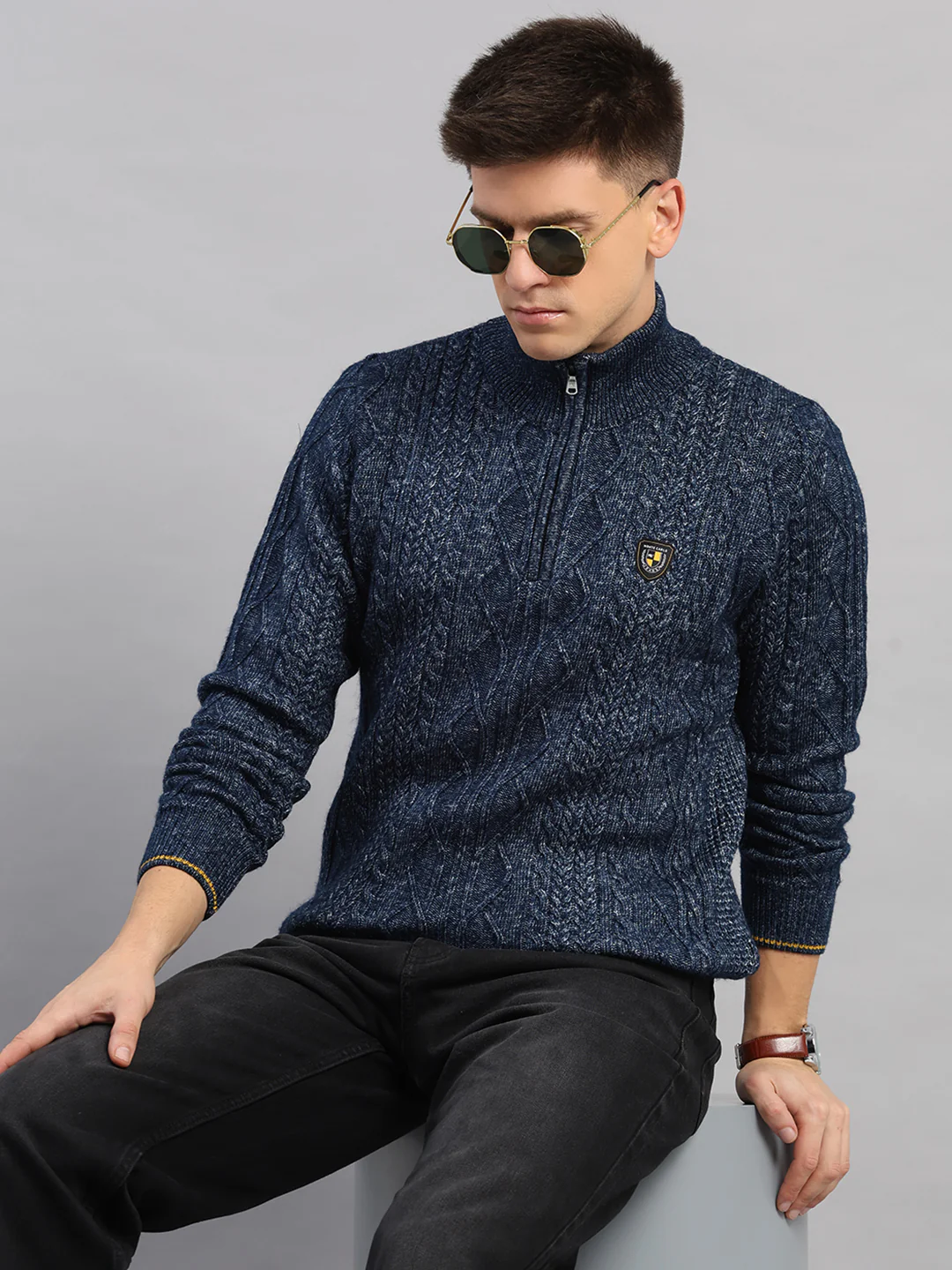 Men Blue Self Design Round Neck Full Sleeve Pullover - Image 6