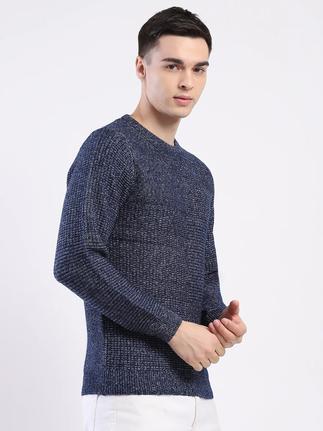 Men Blue Self Design Round Neck Full Sleeve Pullover - Image 4