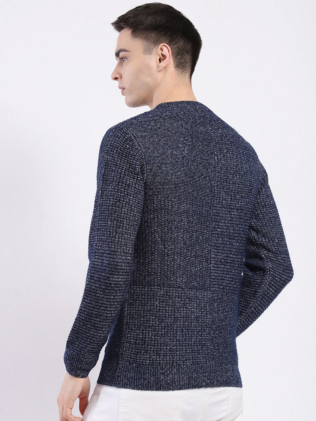 Men Blue Self Design Round Neck Full Sleeve Pullover - Image 5