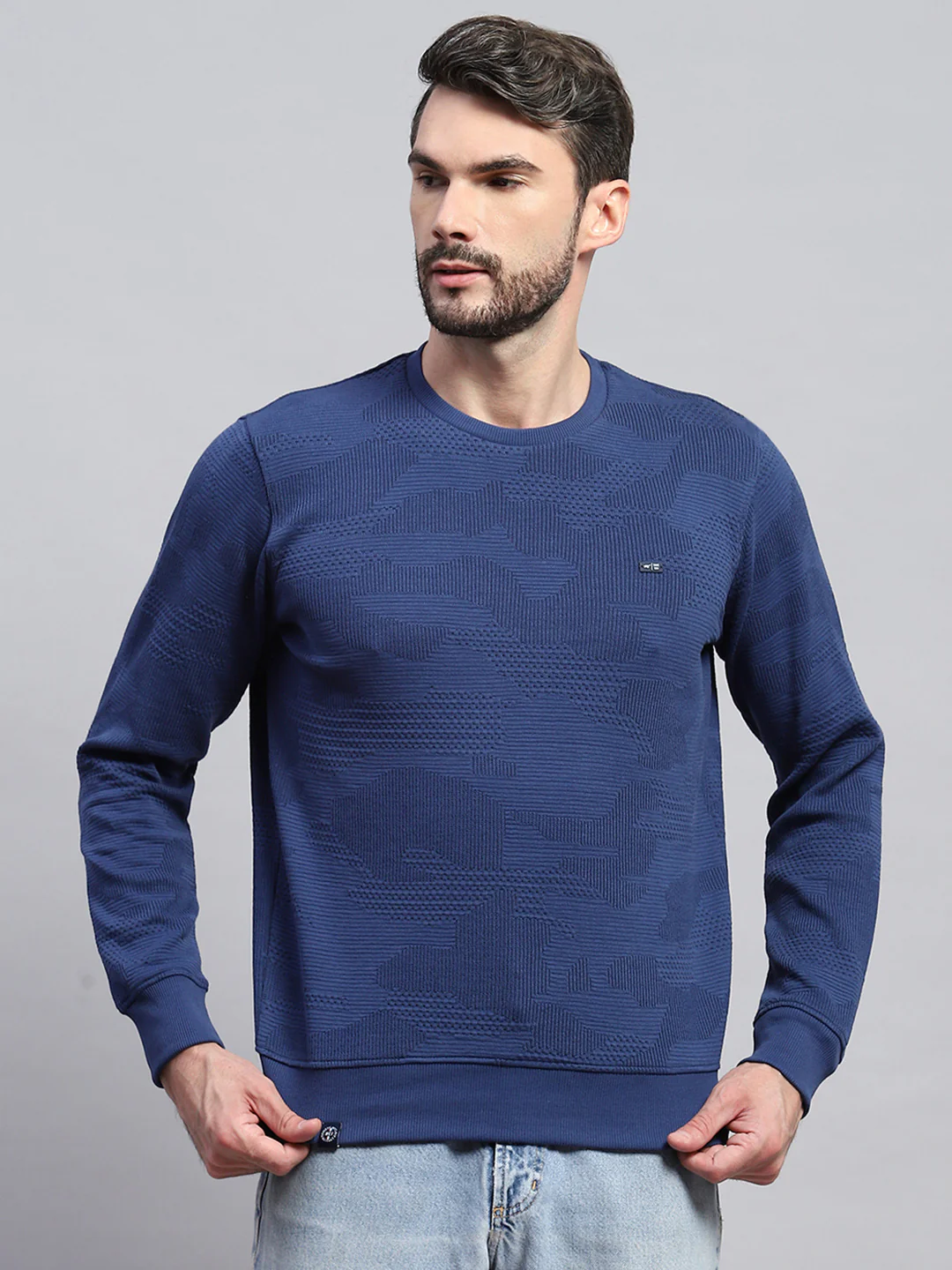 Men Blue Self Design Round Neck Full Sleeve T-Shirt - Image 2