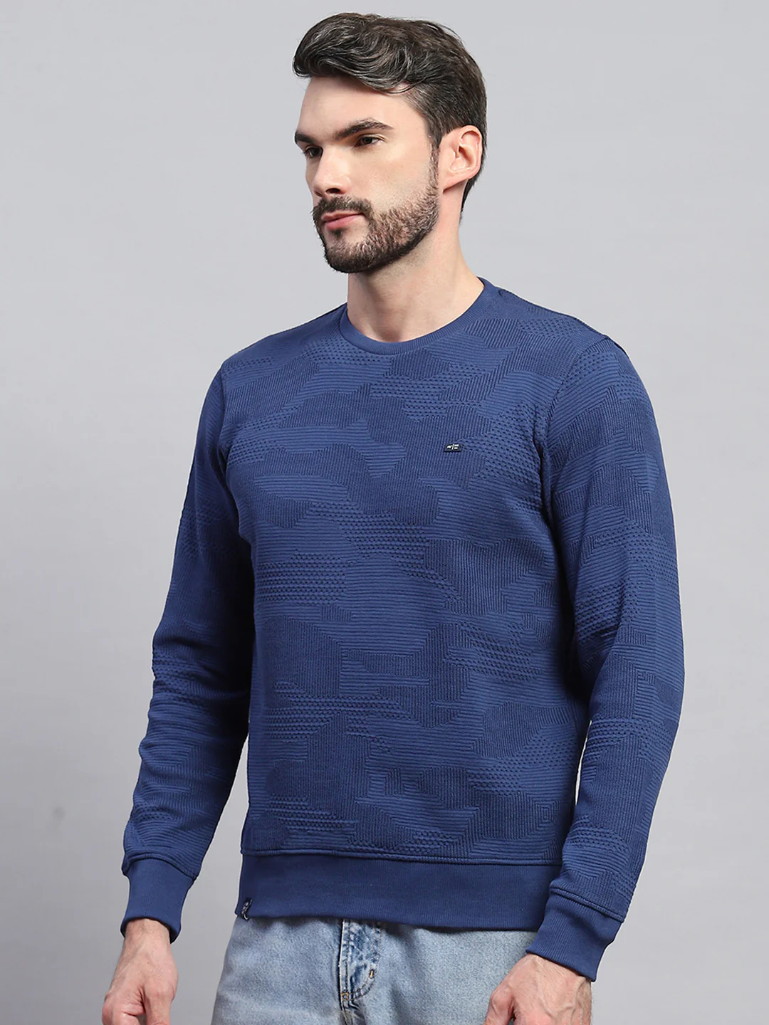 Men Blue Self Design Round Neck Full Sleeve T-Shirt - Image 3