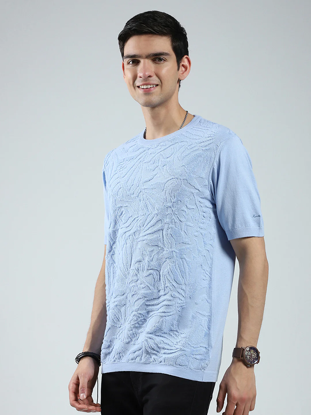 Men Blue Self Design Round Neck Half Sleeve T-Shirt - Image 3