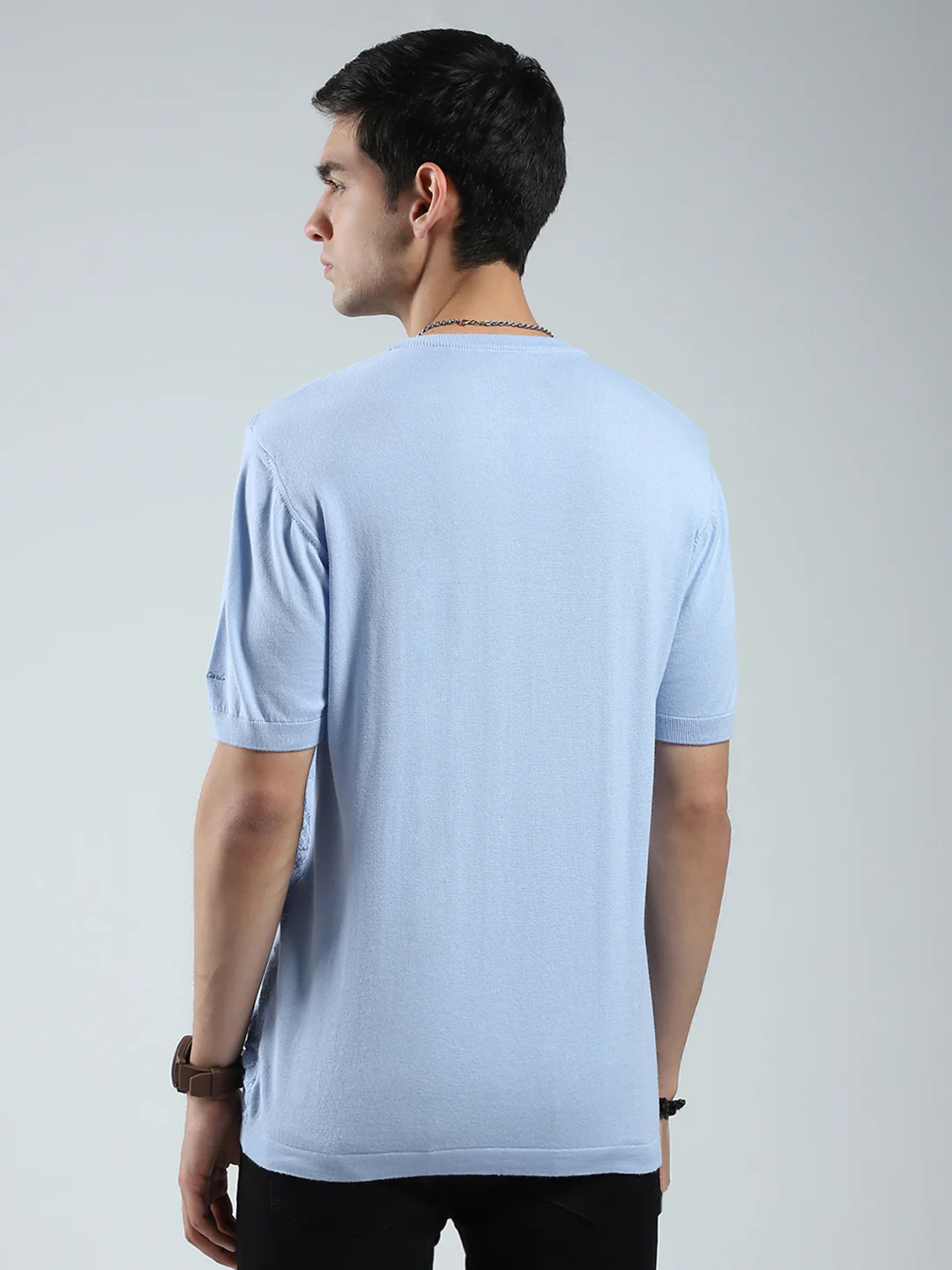 Men Blue Self Design Round Neck Half Sleeve T-Shirt - Image 5