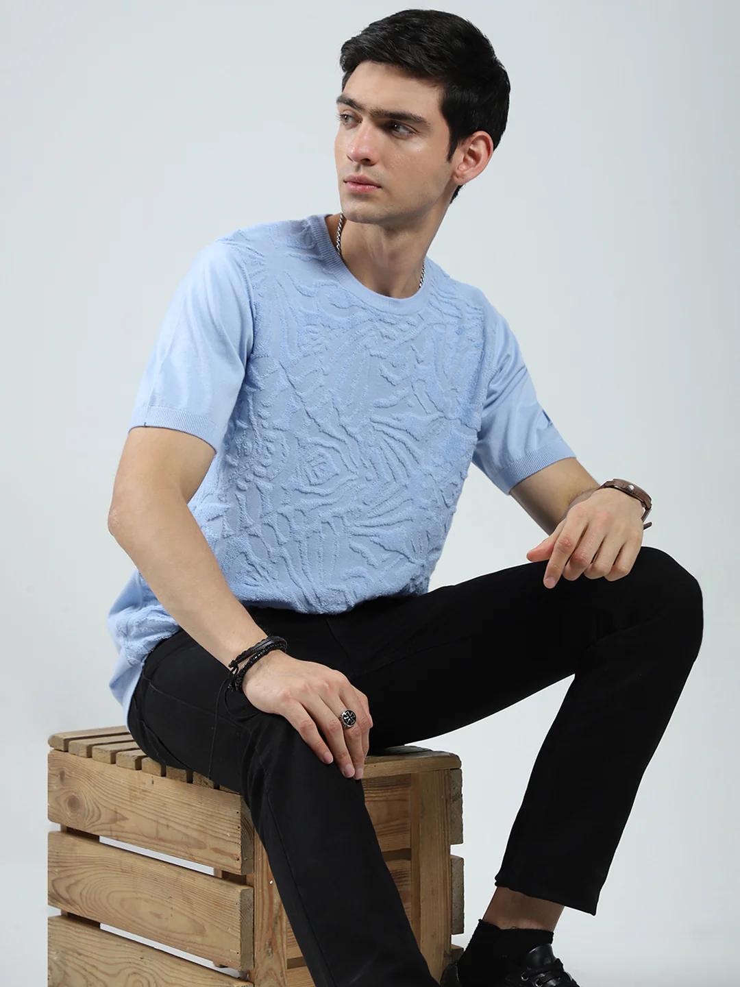 Men Blue Self Design Round Neck Half Sleeve T-Shirt - Image 6