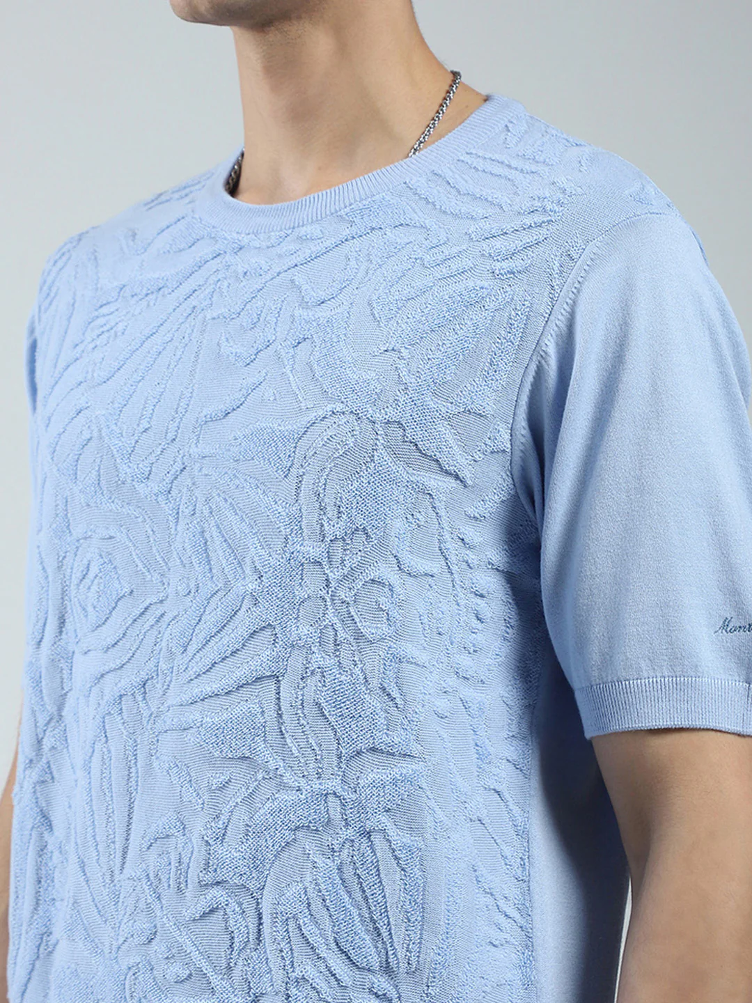 Men Blue Self Design Round Neck Half Sleeve T-Shirt - Image 7
