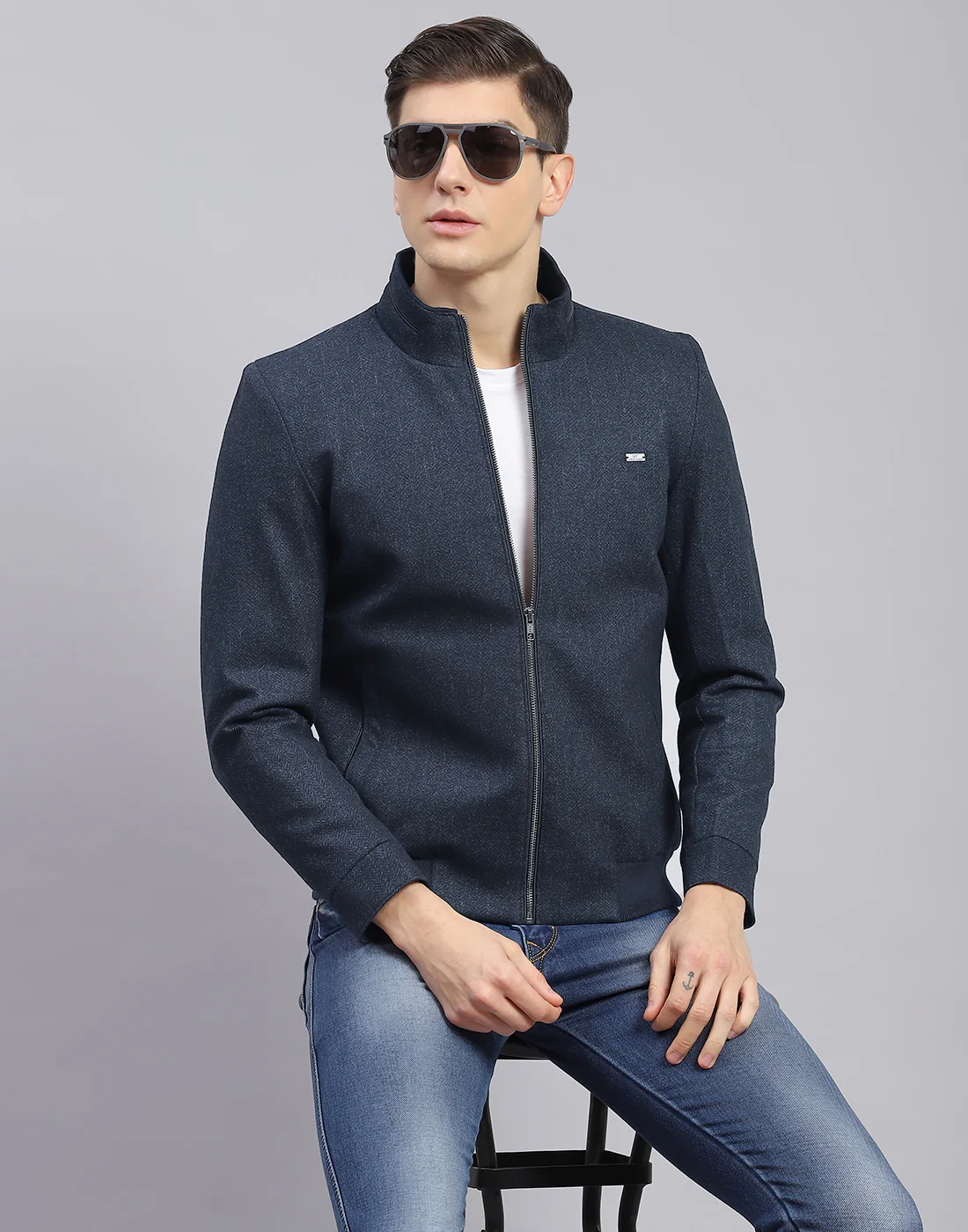 Men Blue Self Design Stand Collar Full Sleeve Jacket - Image 2