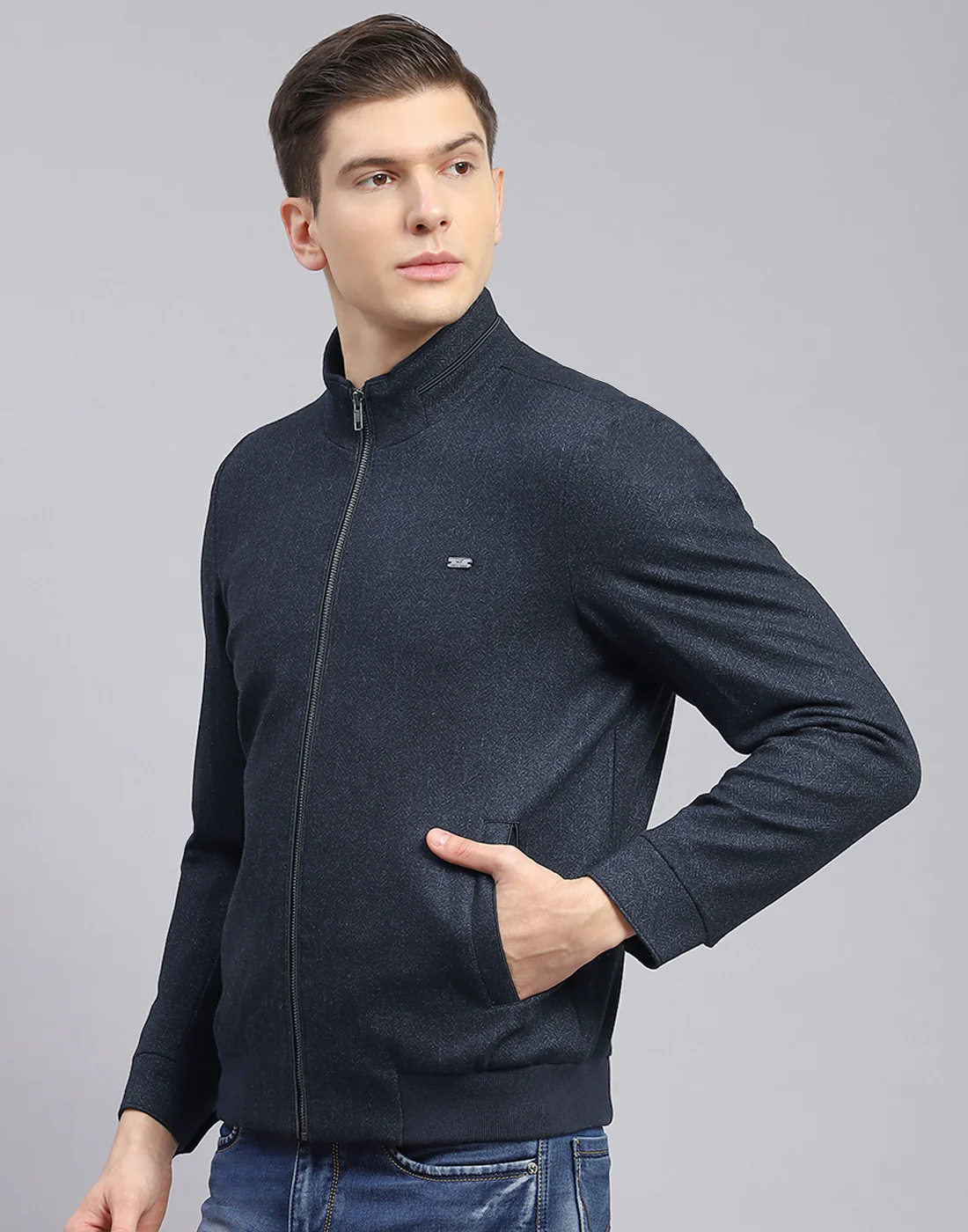 Men Blue Self Design Stand Collar Full Sleeve Jacket - Image 4