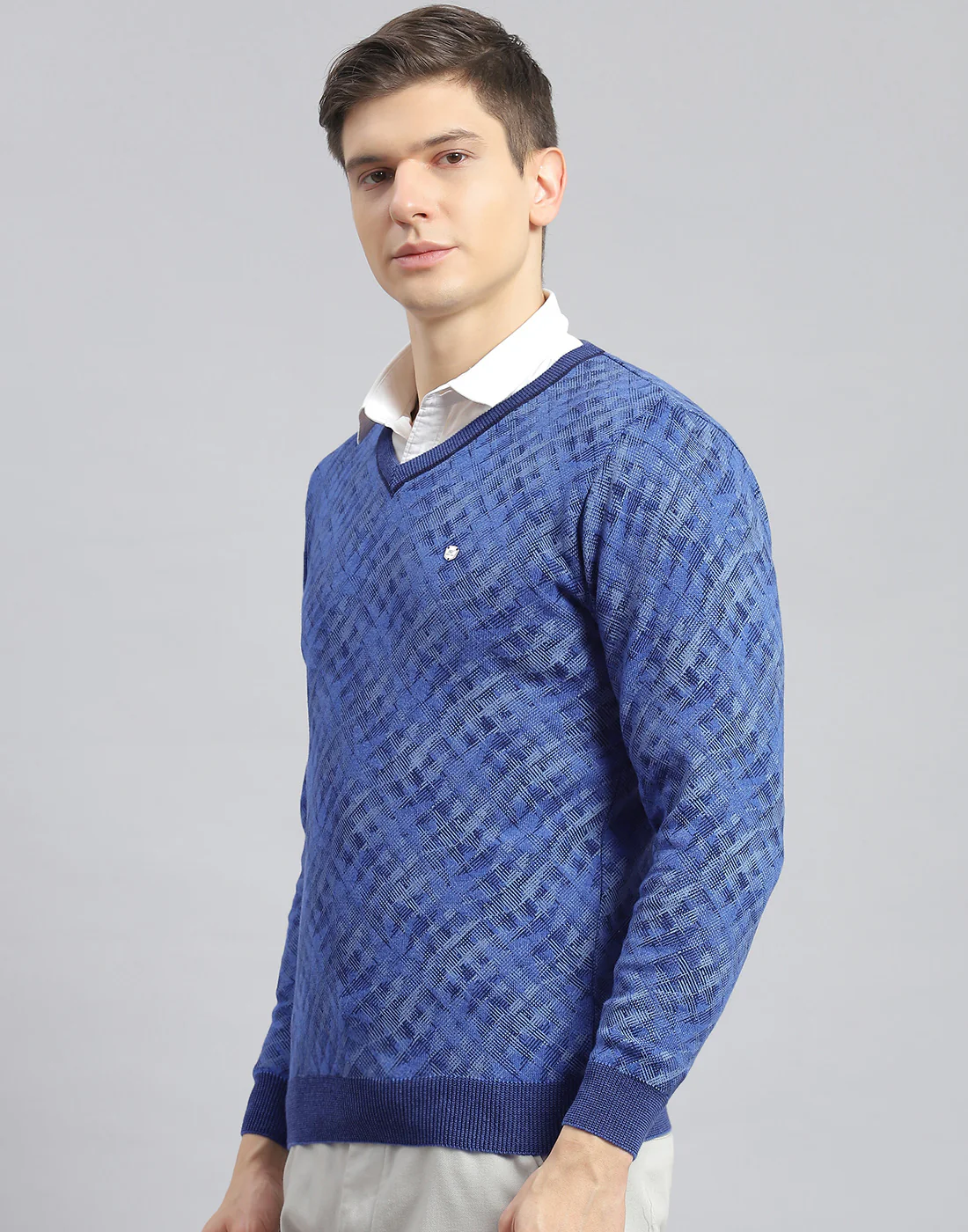 Men Blue Self Design V Neck Full Sleeve Pullover - Image 3