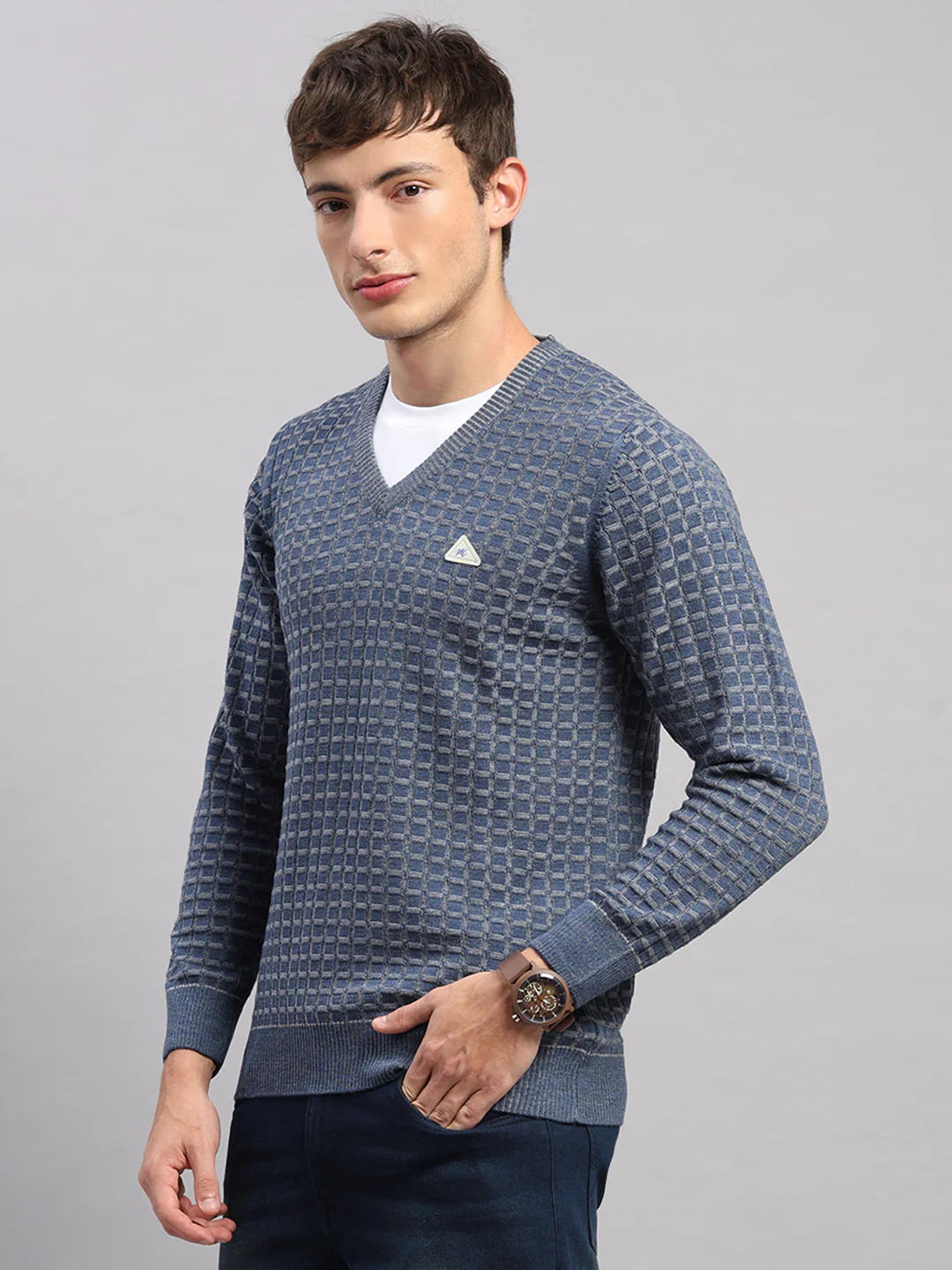 Men Blue Self Design V Neck Full Sleeve Pullover - Image 3