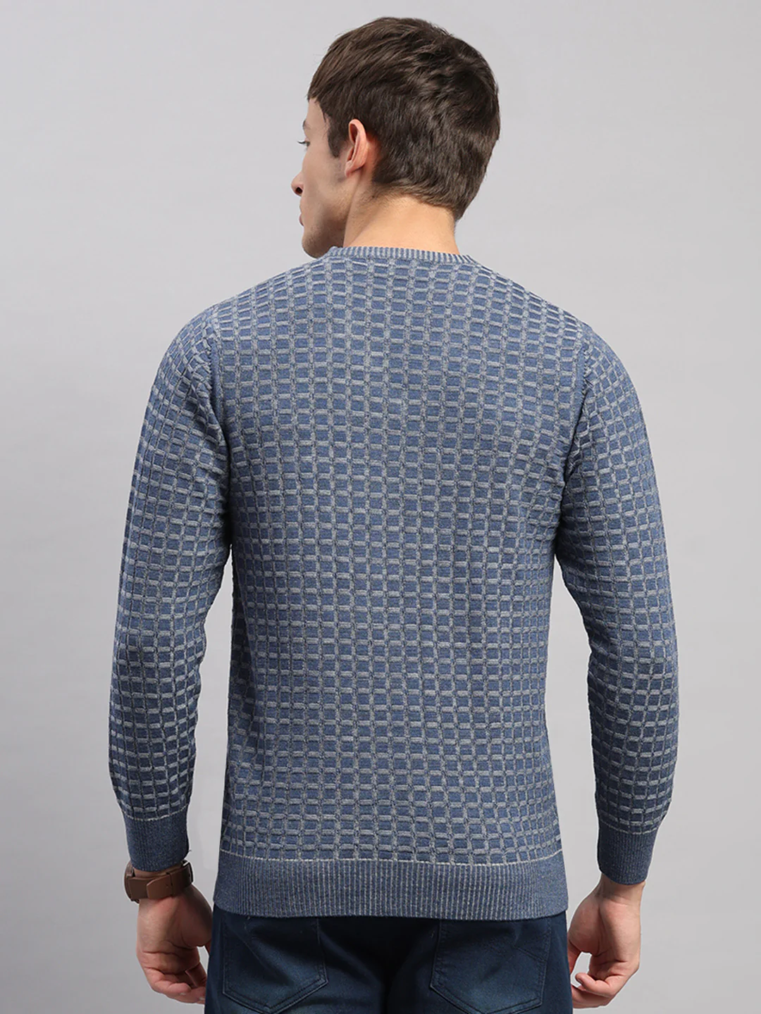 Men Blue Self Design V Neck Full Sleeve Pullover - Image 5