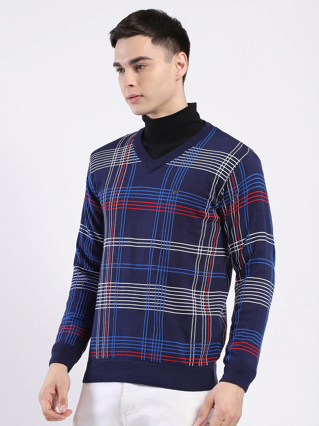 Men Blue Self Design V Neck Full Sleeve Pullover - Image 3
