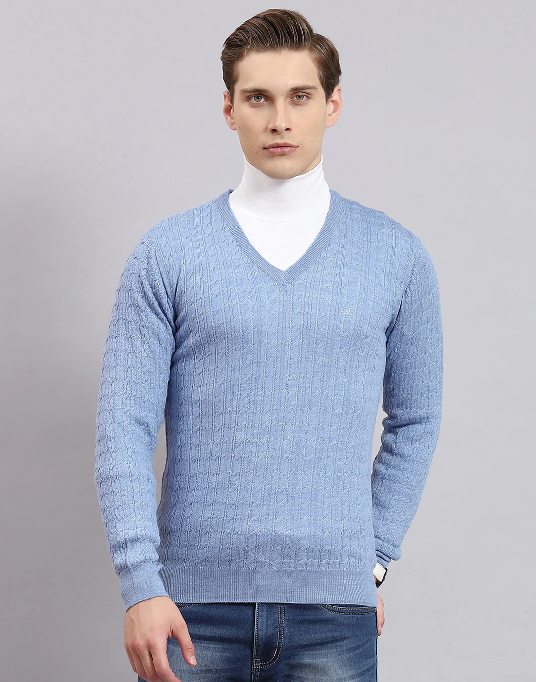 Men Blue Self Design V Neck Full Sleeve Sweater - Image 2
