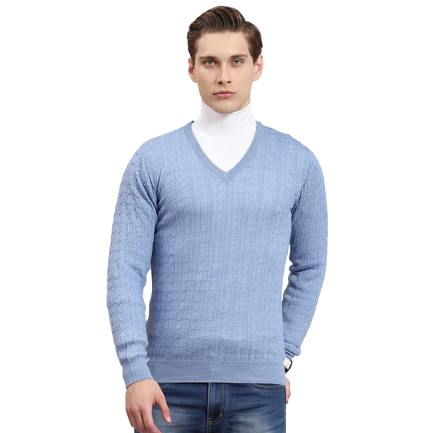 Men Blue Self Design V Neck Full Sleeve Sweater - Image 5