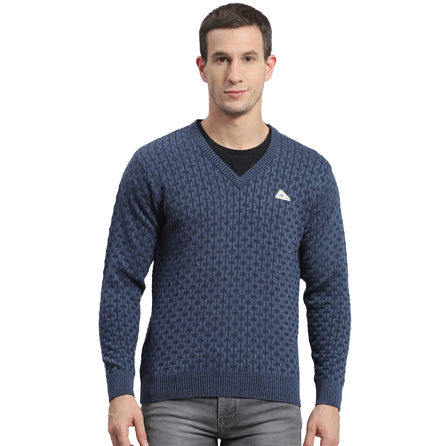 Men Blue Self Design V Neck Full Sleeve Sweater - Image 5