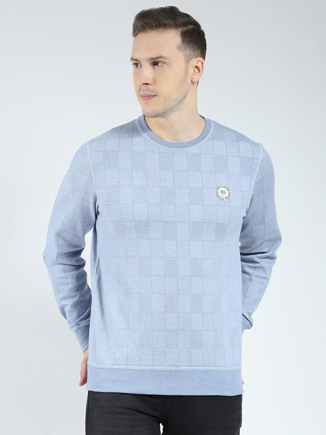 Men Blue Self Design Round Neck Full Sleeve Reversible Winter T-Shirt - Image 6