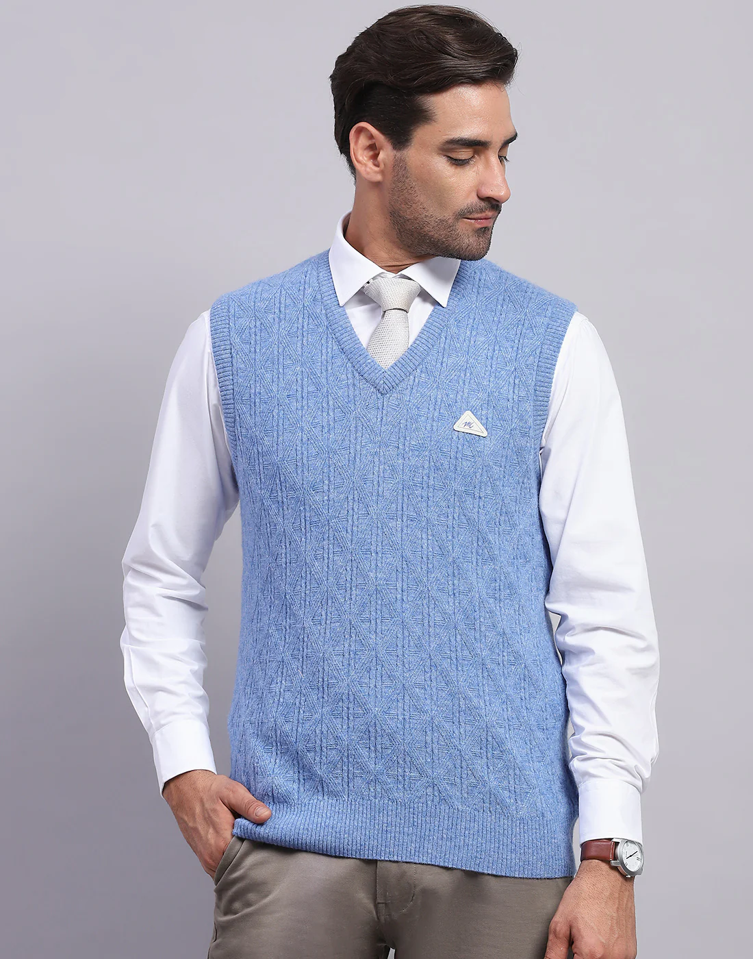 Men Blue Self Design V Neck Sleeveless Sweater - Image 2