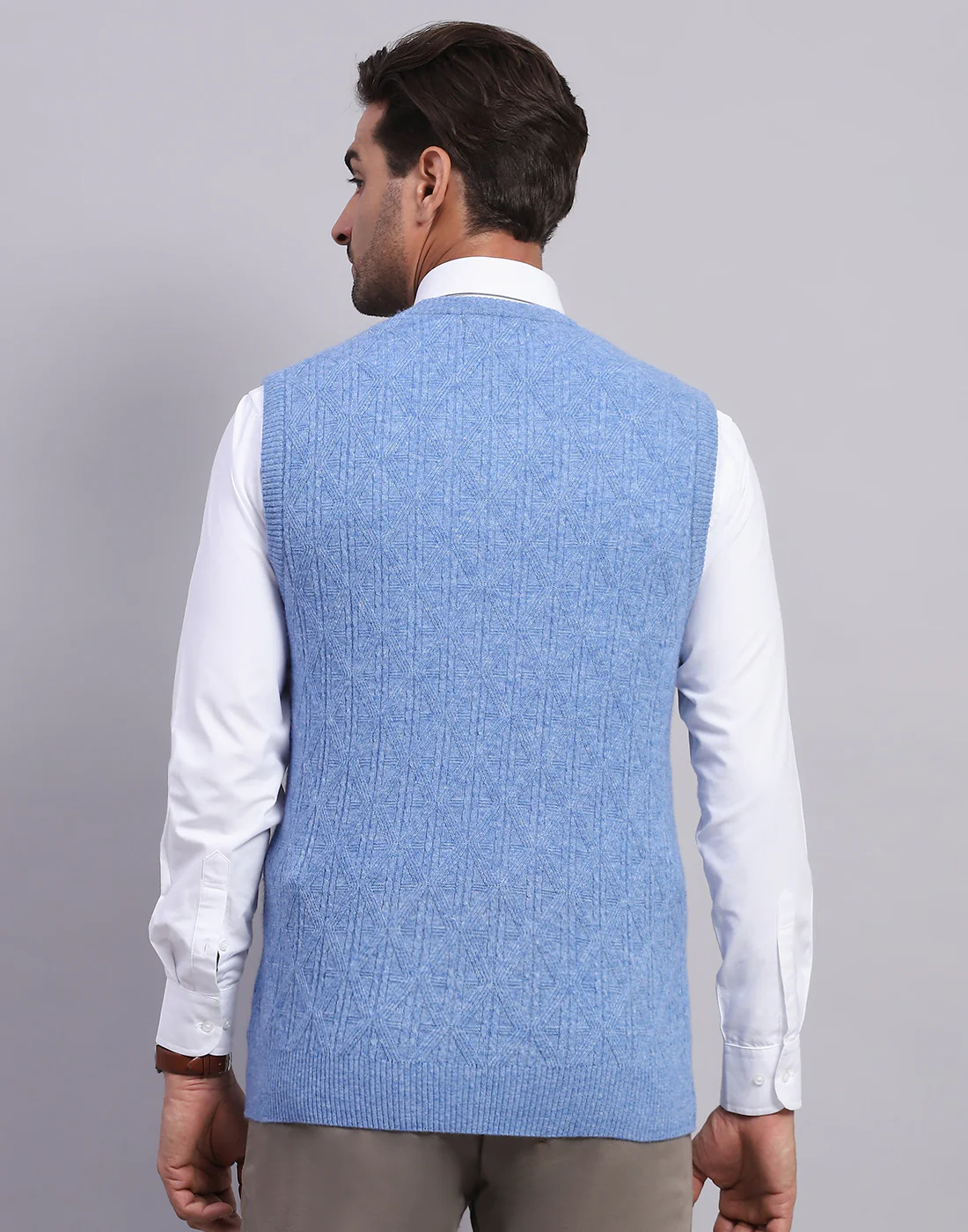 Men Blue Self Design V Neck Sleeveless Sweater - Image 5