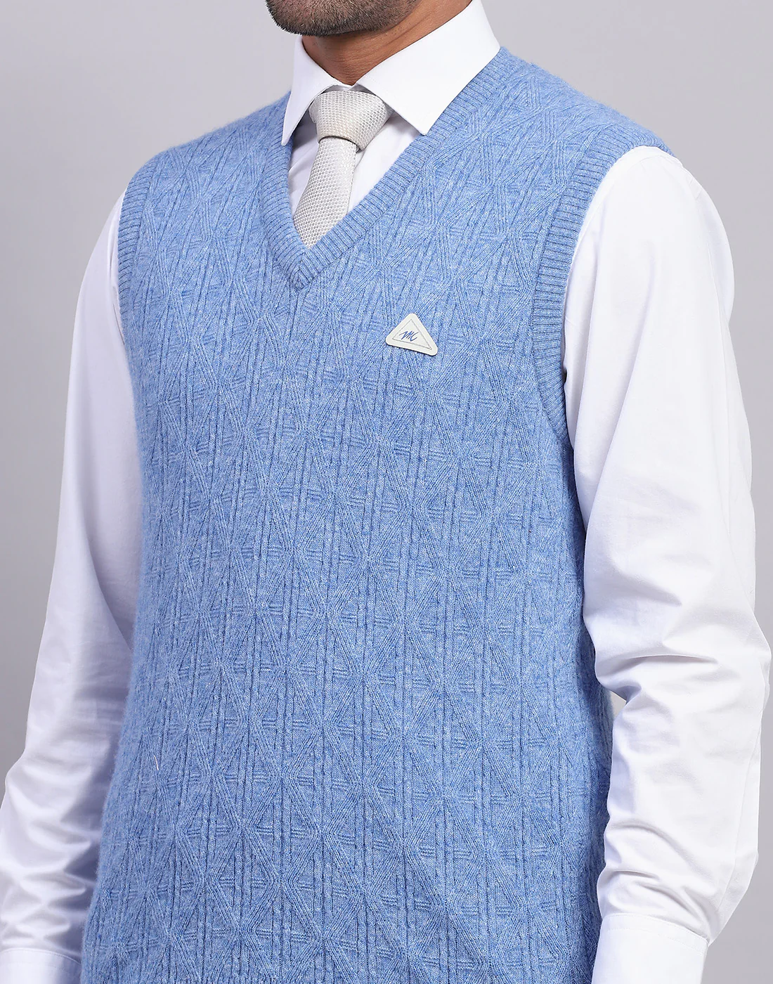 Men Blue Self Design V Neck Sleeveless Sweater - Image 6