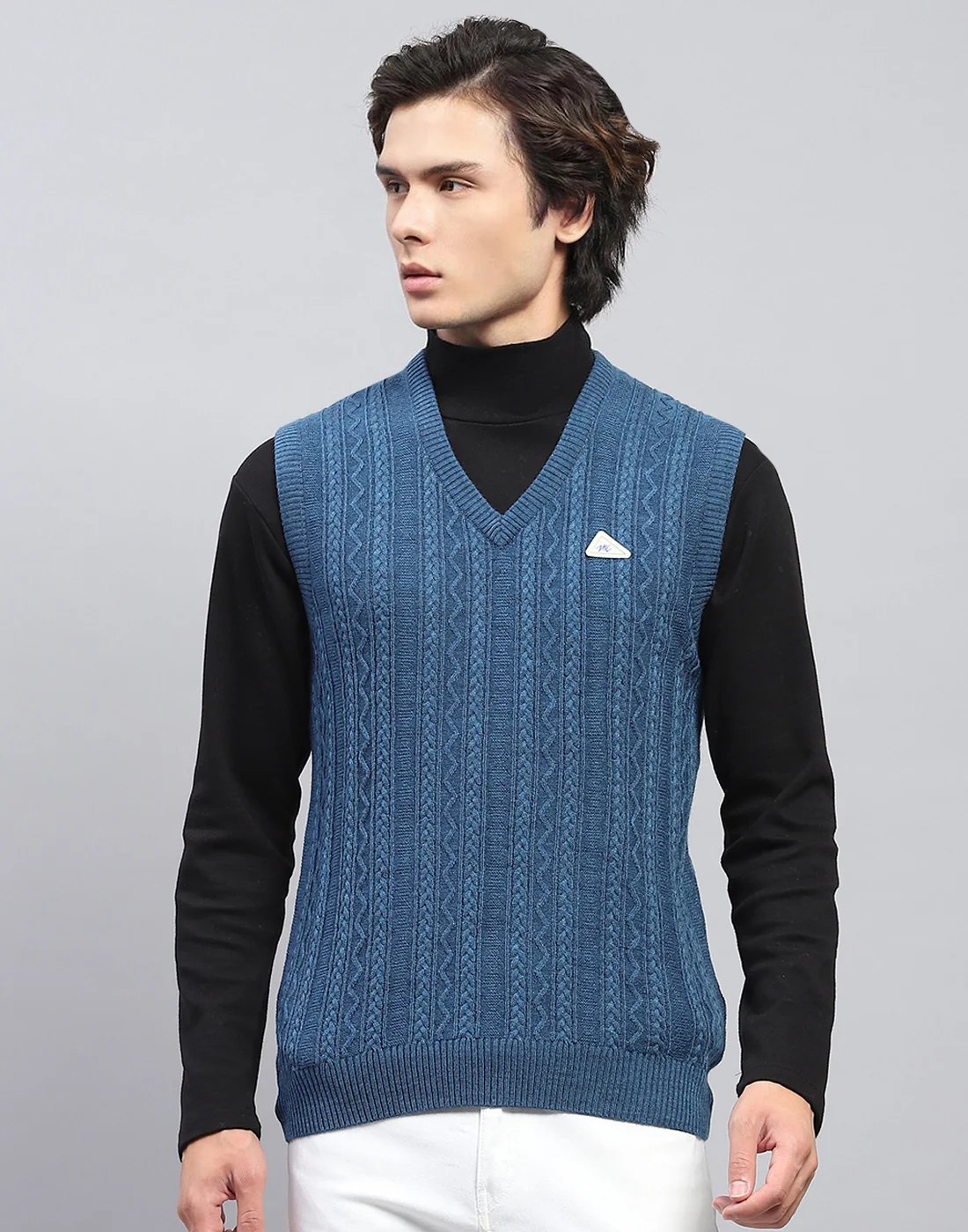 Men Blue Self Design V Neck Sleeveless Sweater - Image 2
