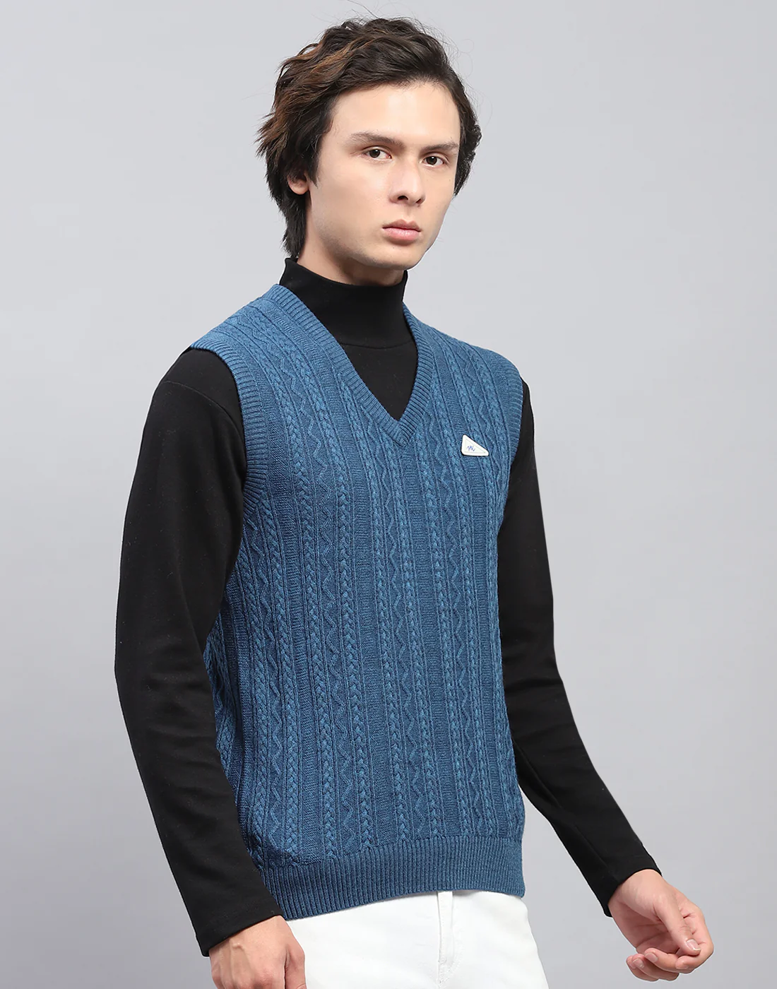 Men Blue Self Design V Neck Sleeveless Sweater - Image 4