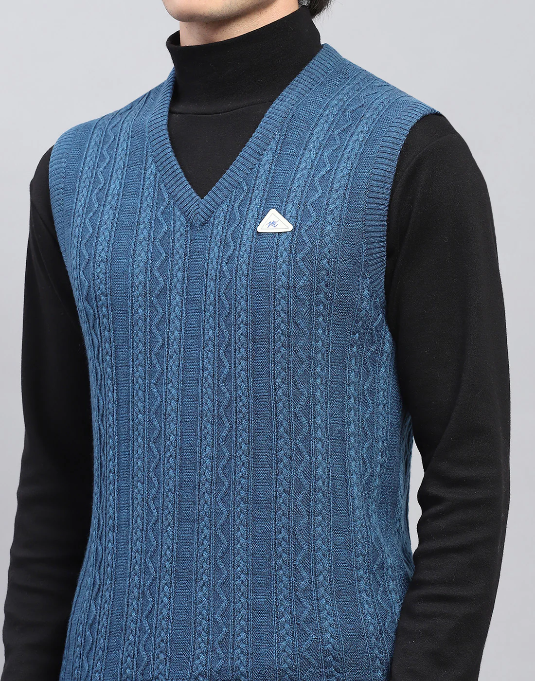 Men Blue Self Design V Neck Sleeveless Sweater - Image 6