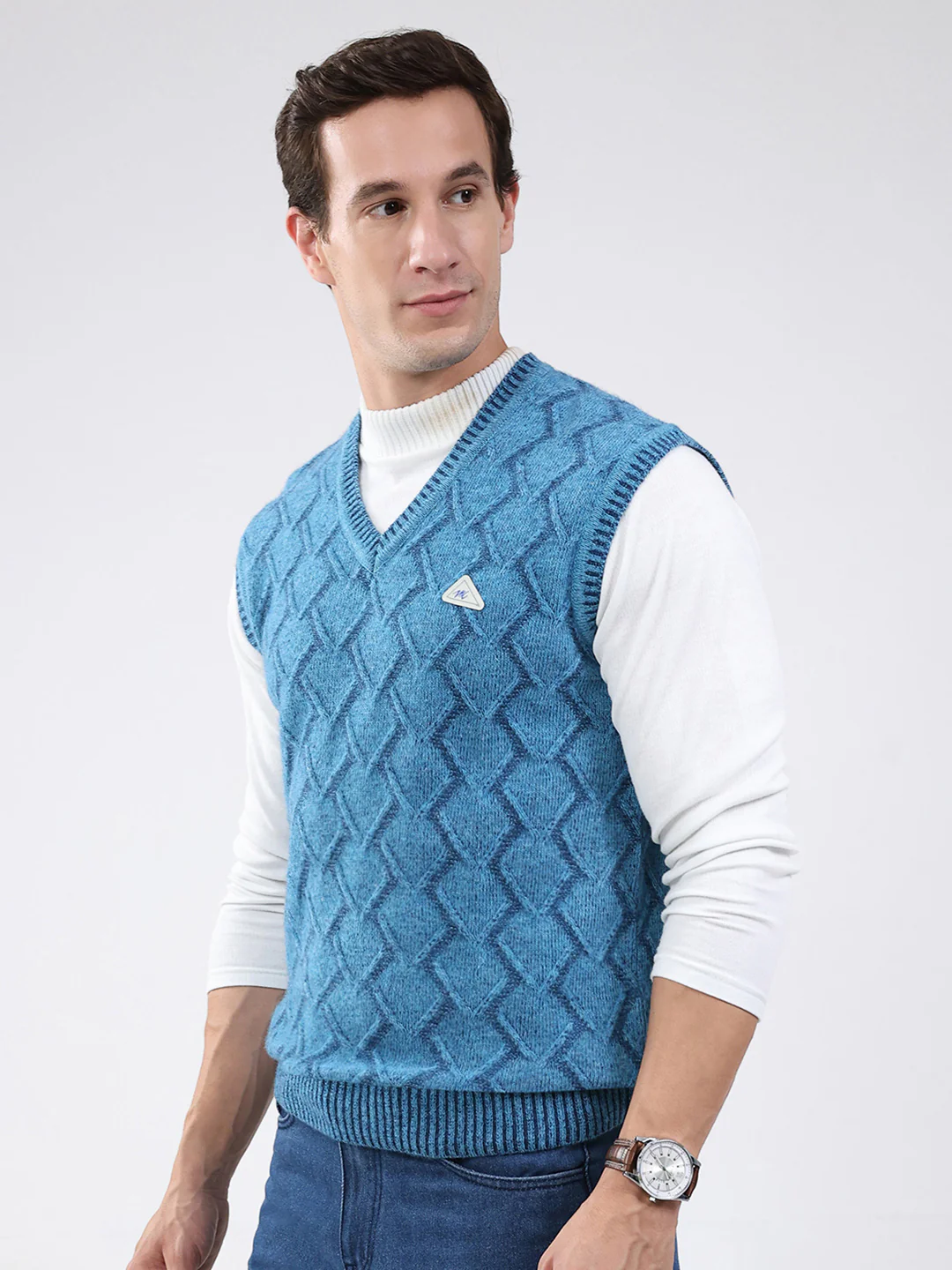 Men Blue Self Design V Neck Sleeveless Sweater - Image 3