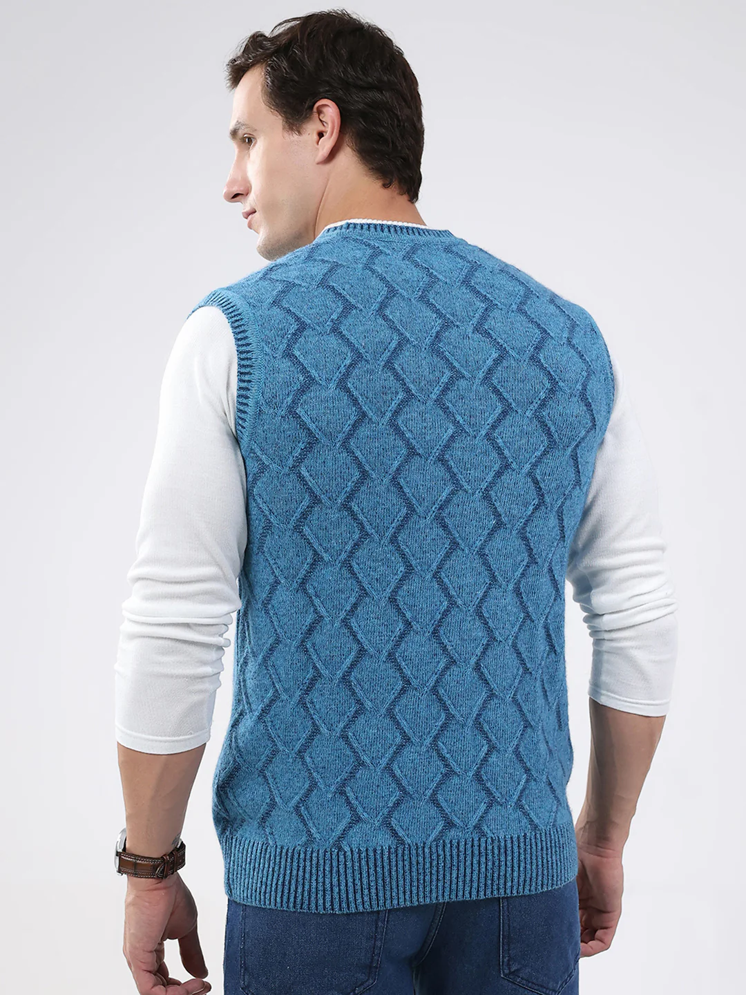 Men Blue Self Design V Neck Sleeveless Sweater - Image 5