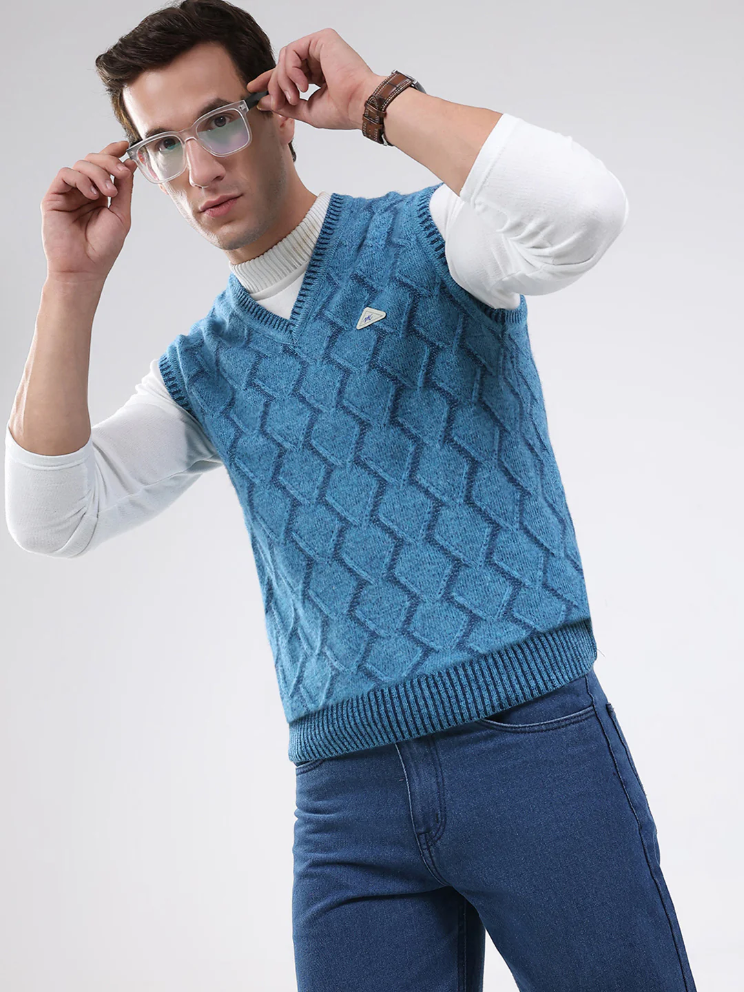 Men Blue Self Design V Neck Sleeveless Sweater - Image 6