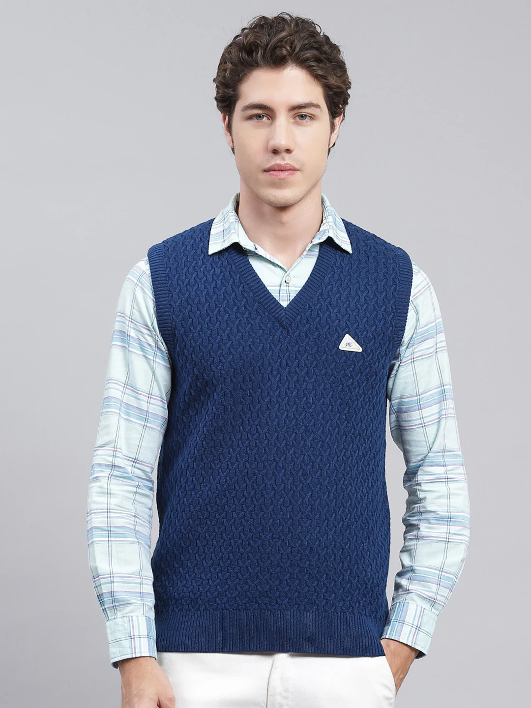 Men Blue Self Design Wool blend Sweater - Image 2