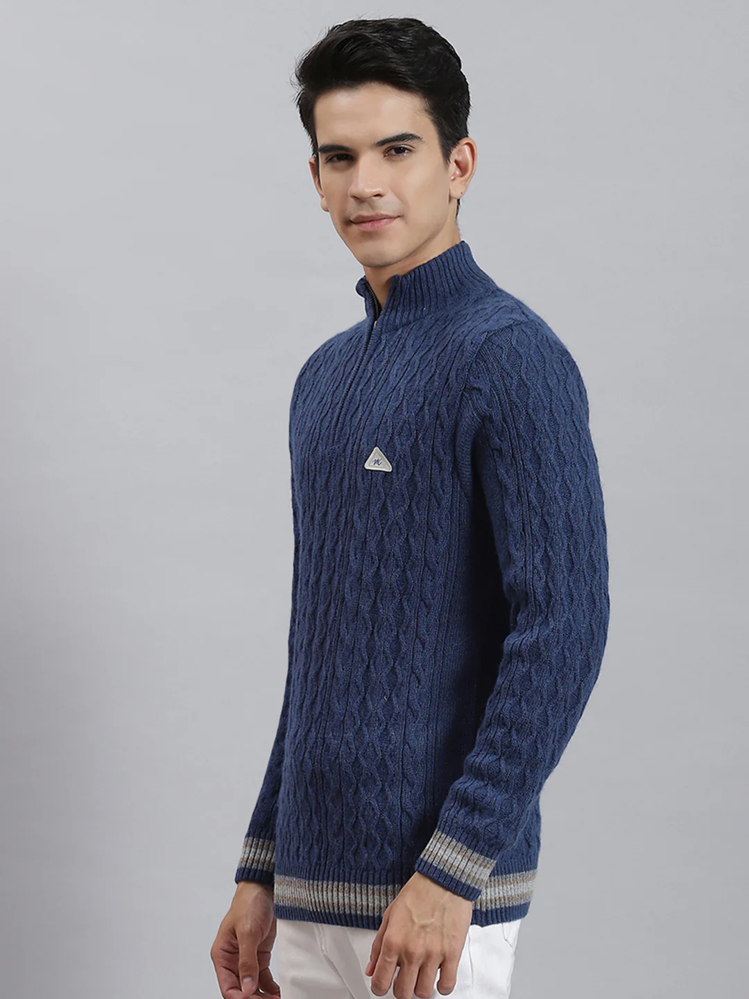Men Blue Self Design H Neck Full Sleeve Sweaters/Pullovers - Image 3