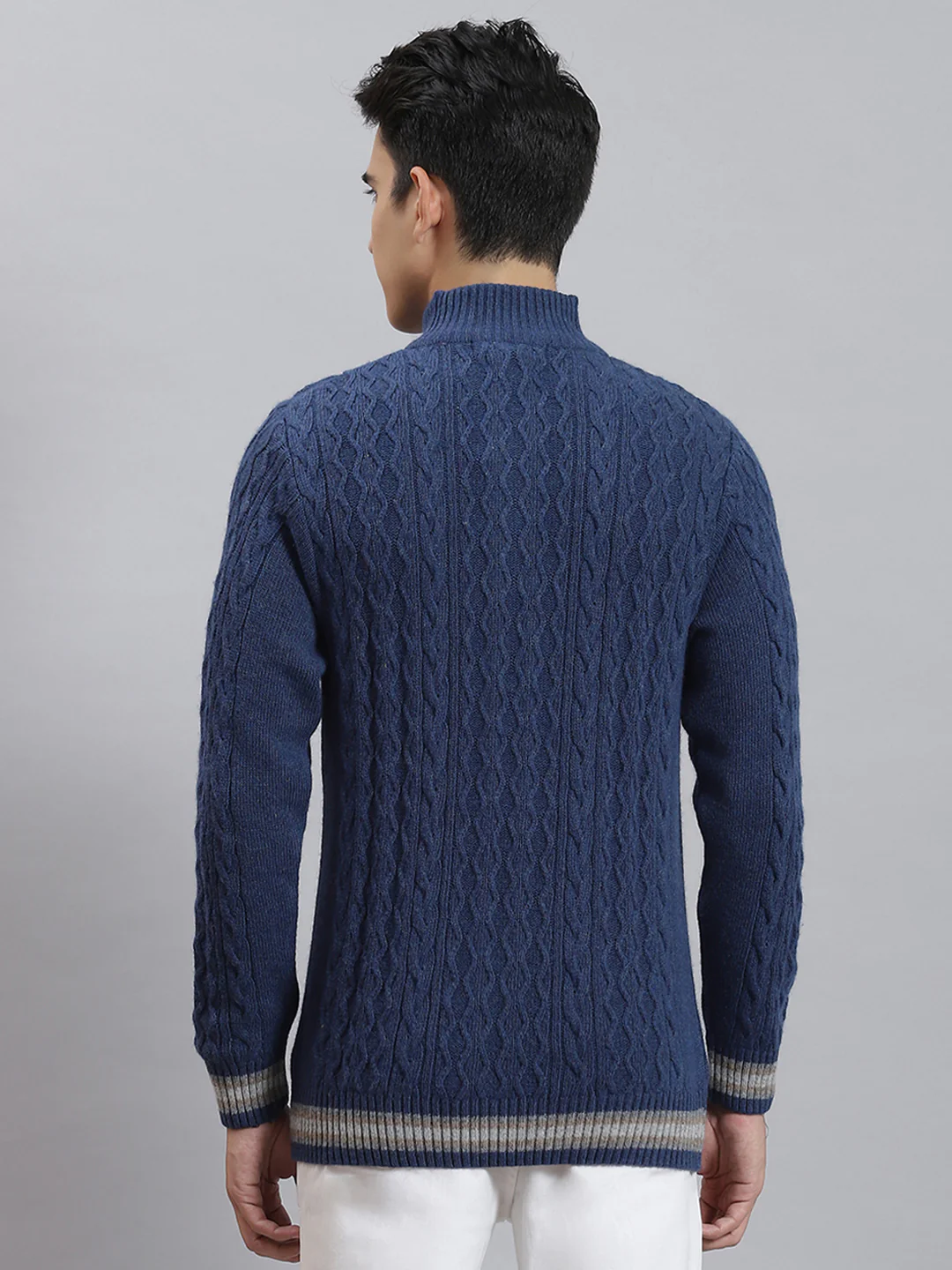 Men Blue Self Design H Neck Full Sleeve Sweaters/Pullovers - Image 5