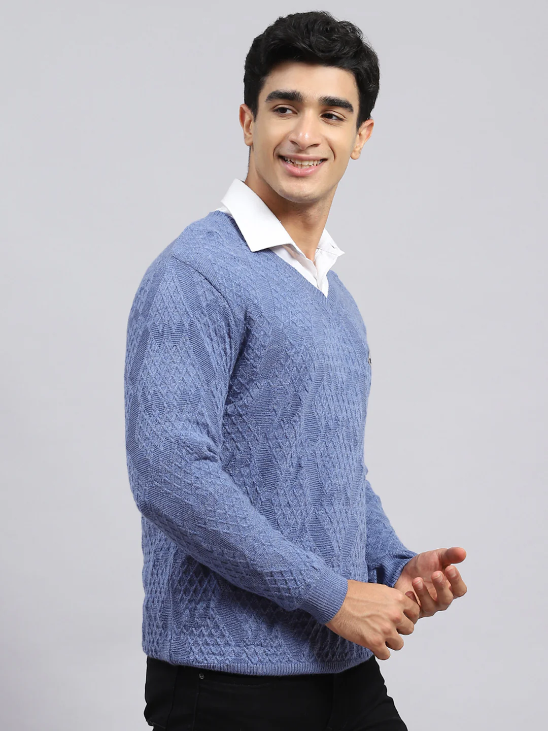 Men Blue Self Pullover - Image 3